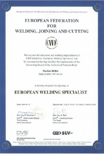 Europrean Welding Specialist Certificate
